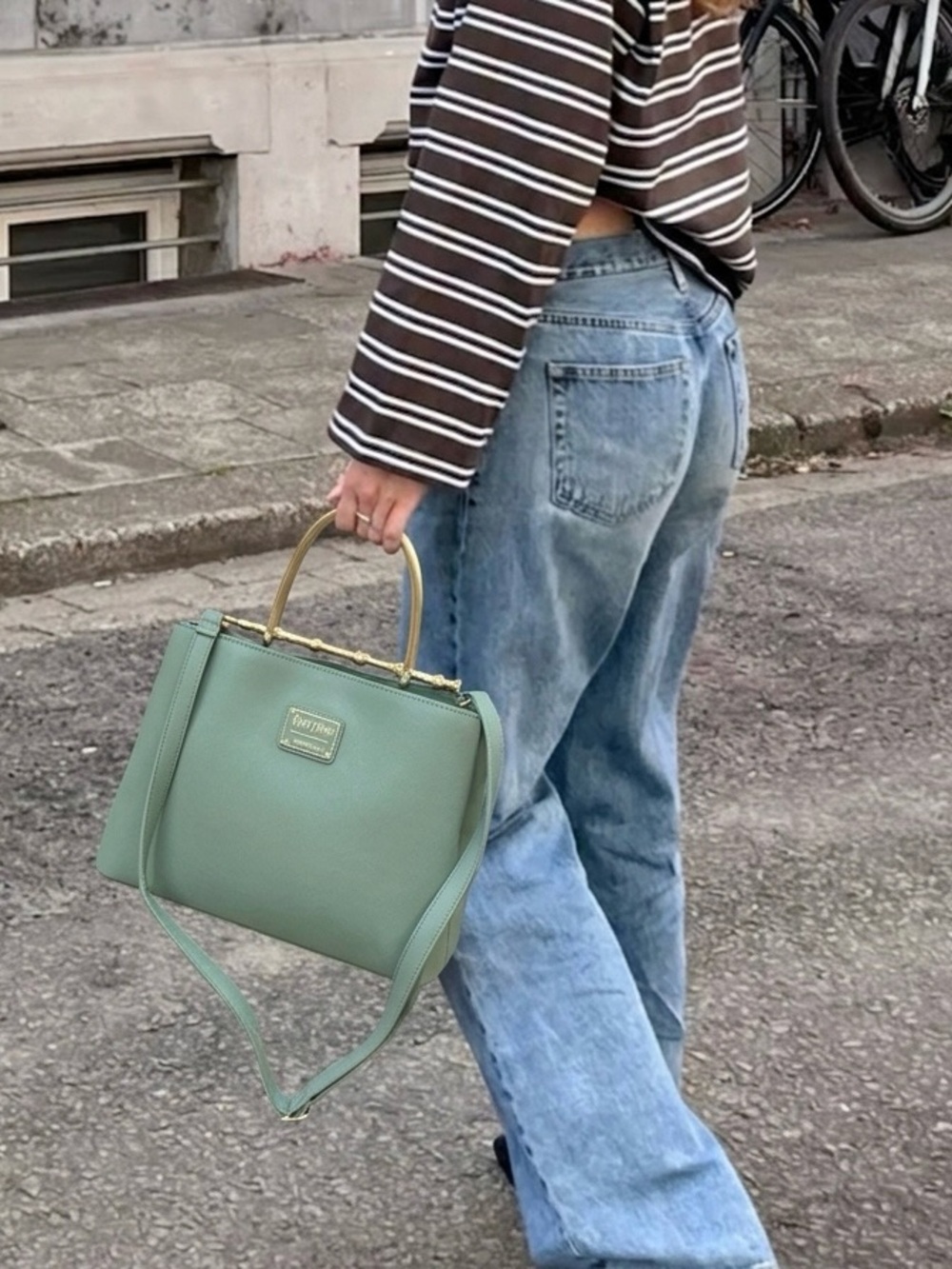 Structured Mint Green Top-Handle Tote Bag with Removable Strap